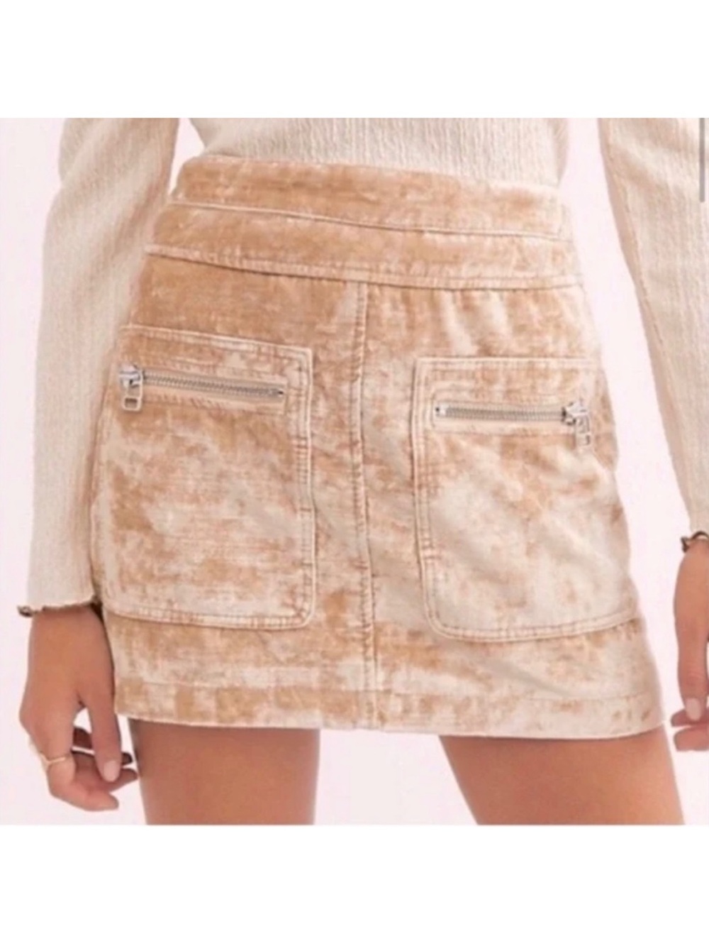 ✨ Free People Dust to Dust Velvet Mini Skirt Y2K 70s Champagne Utility Moto Boho - Picture 2 of 16
